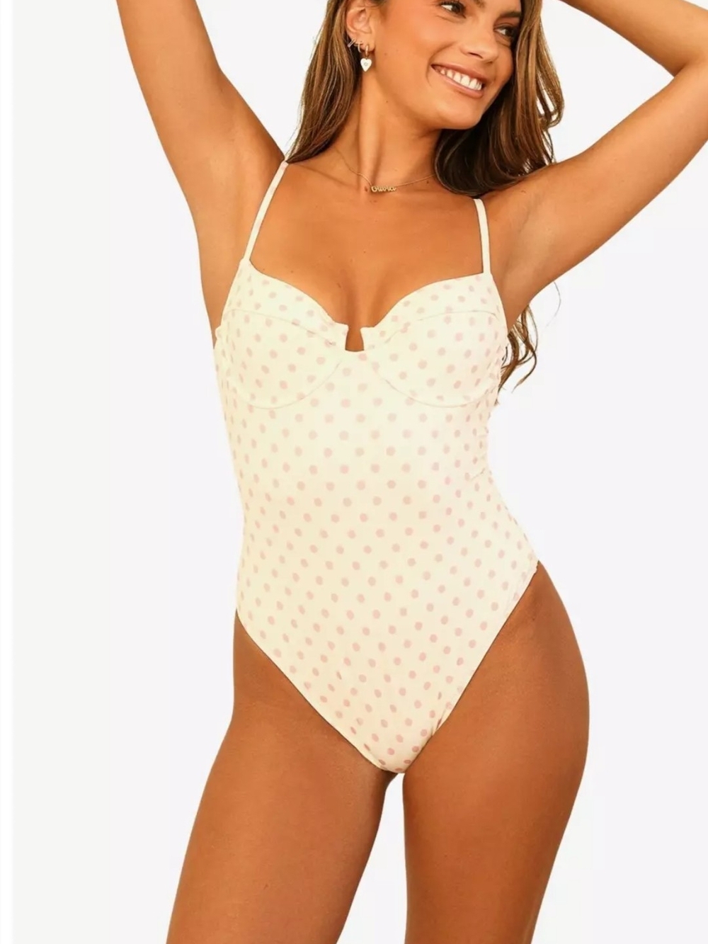 Dippin Daisys Polka Dot Underwire One-Piece Swimsuit in Cream and Pink Size M